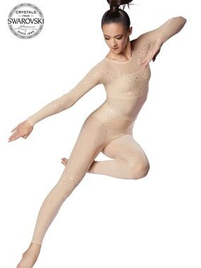 Weissman Performance Swarovski Nude Sheer Crystal-Embellished Unitard NEW Large